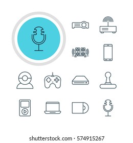 Vector Illustration Of 12 Device Icons. Editable Pack Of Modem, Floodlight, Joypad And Other Elements.