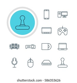 Vector Illustration Of 12 Device Icons. Editable Pack Of Computer, Loudspeaker, Game Controller And Other Elements.