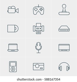 Vector Illustration Of 12 Device Icons. Editable Pack Of Monitor, Dvd Drive, Joypad And Other Elements.