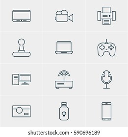 Vector Illustration Of 12 Device Icons. Editable Pack Of PC, Sound Recording, Usb Card And Other Elements.