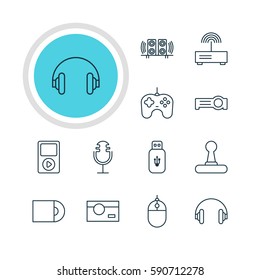 Vector Illustration Of 12 Device Icons. Editable Pack Of Modem, Loudspeaker, Cursor Controller And Other Elements.