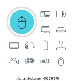 Vector Illustration Of 12 Device Icons. Editable Pack Of Loudspeaker, Dvd Drive, Computer And Other Elements.