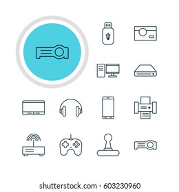 Vector Illustration Of 12 Device Icons. Editable Pack Of Floodlight, Joypad, PC And Other Elements.