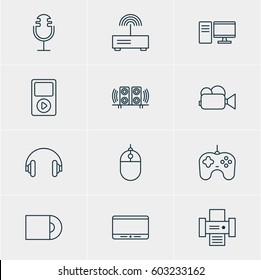Vector Illustration Of 12 Device Icons. Editable Pack Of Modem, Sound Recording, Photocopier And Other Elements.