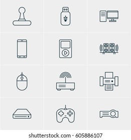 Vector Illustration Of 12 Device Icons. Editable Pack Of Photocopier, Smartphone, Memory Storage And Other Elements.