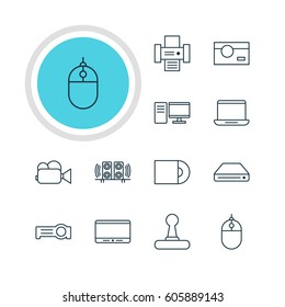 Vector Illustration Of 12 Device Icons. Editable Pack Of PC, Computer, Floodlight And Other Elements.