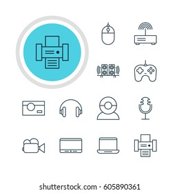 Vector Illustration Of 12 Device Icons. Editable Pack Of Monitor, Photography, Headset And Other Elements.