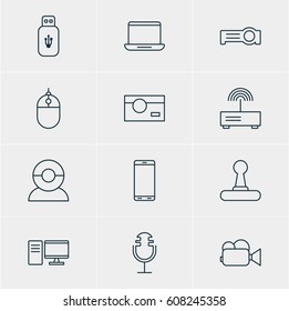 Vector Illustration Of 12 Device Icons. Editable Pack Of Cursor Controller, Sound Recording, Photography And Other Elements.