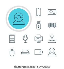 Vector Illustration Of 12 Device Icons. Editable Pack Of Usb Card, Cursor Controller, Photography And Other Elements.