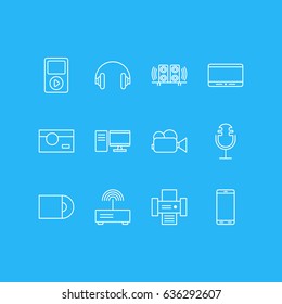 Vector Illustration Of 12 Device Icons. Editable Pack Of Photography, PC, Sound Recording And Other Elements.