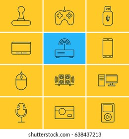 Vector Illustration Of 12 Device Icons. Editable Pack Of Photography, Cursor Controller, Game Controller And Other Elements.
