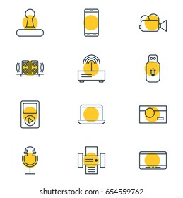 Vector Illustration Of 12 Device Icons. Editable Pack Of Smartphone, Photocopier, Monitor And Other Elements.