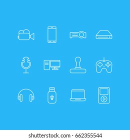 Vector Illustration Of 12 Device Icons. Editable Pack Of PC, Usb Card, Joypad And Other Elements.