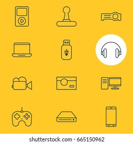 Vector Illustration Of 12 Device Icons. Editable Pack Of Joypad, Photography, Media Controller And Other Elements.