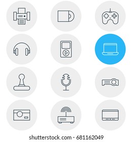 Vector Illustration Of 12 Device Icons. Editable Pack Of Modem, Joypad, Game Controller And Other Elements.