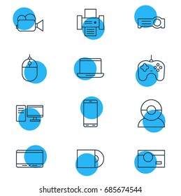 Vector Illustration Of 12 Device Icons. Editable Pack Of Cursor Controller, Monitor, Joypad And Other Elements.