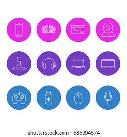 Vector Illustration Of 12 Device Icons. Editable Pack Of Joypad, Usb Card, Smartphone And Other Elements.