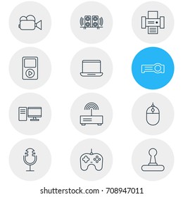Vector Illustration Of 12 Device Icons. Editable Pack Of Cursor Controller, PC, Game Controller And Other Elements.
