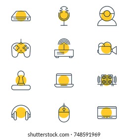 Vector Illustration Of 12 Device Icons. Editable Pack Of Game Controller, Headset, Video Chat And Other Elements.