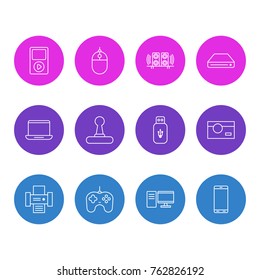 Vector Illustration Of 12 Device Outline Icons. Editable Set Of Computer, Media Controller, Photography And Other Elements.