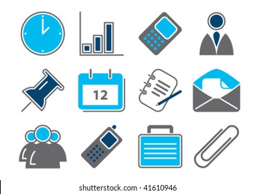 Vector illustration of 12 different business icons, blue color scheme
