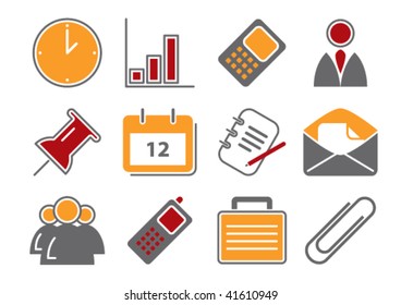 Vector illustration of 12 different business icons, red and orange color scheme