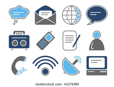 Vector illustration of 12 different communication icons, blue color scheme