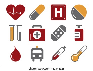 Vector illustration of 12 different medical icons, red and orange color scheme