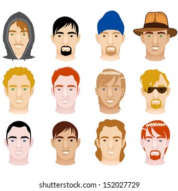 Vector Illustration of 12 different White and Mixed Men Faces. 