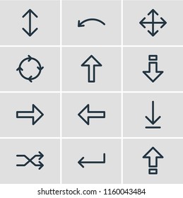 Vector illustration of 12 direction icons line style. Editable set of caps lock, up-down, next and other icon elements.