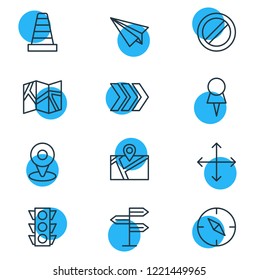 Vector illustration of 12 direction icons line style. Editable set of location, arrow, paper plane and other icon elements.