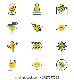 Vector illustration of 12 direction icons line style. Editable set of flag, route, navigation and other icon elements.