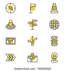 Vector Illustration Of 12 Direction Icons. Editable Pack Of Caution, Stoplight, Pin And Other Elements.