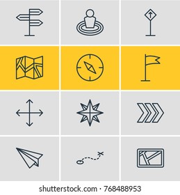 Vector Illustration Of 12 Direction Outline Icons. Editable Set Of Paper Geography, Origami, Pennant And Other Elements.