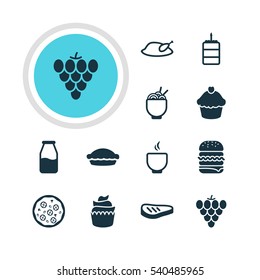 Vector Illustration Of 12 Dish Icons. Editable Pack Of Roast Beef, Cruet, Sandwich Elements.