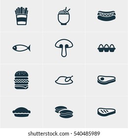 Vector Illustration Of 12 Dish Icons. Editable Pack Of Spaghetti, Grill, Biscuit And Other Elements.