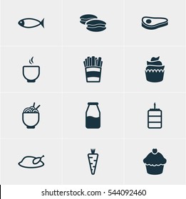 Vector Illustration Of 12 Dish Icons. Editable Pack Of Dessert, Potato, Beefsteak And Other Elements.