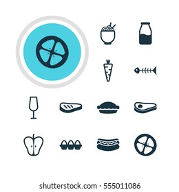 Vector Illustration Of 12 Dish Icons. Editable Pack Of Beefsteak, Jonagold, Flan And Other Elements.