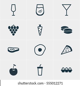 Vector Illustration Of 12 Dish Icons. Editable Pack Of Scrambled Egg, Roast Beef, Vineyard And Other Elements.