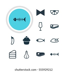 Vector Illustration Of 12 Dish Icons. Editable Pack Of Beefsteak, Seafood, Patisserie And Other Elements.