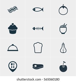 Vector Illustration Of 12 Dish Icons. Editable Pack Of Berry Type, Seafood, Skeleton And Other Elements.