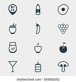 Vector Illustration Of 12 Dish Icons. Editable Pack Of Aubergine, Restaurant, Fungus And Other Elements.