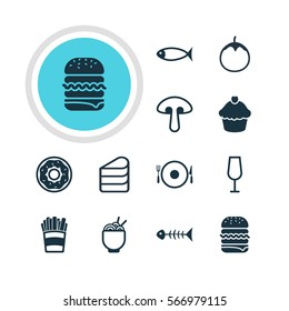 Vector Illustration Of 12 Dish Icons. Editable Pack Of Spaghetti, Sandwich, Goblet Elements.