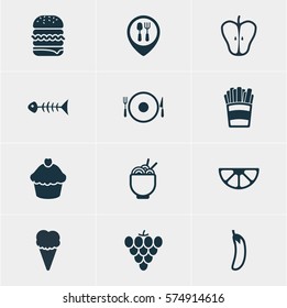 Vector Illustration Of 12 Dish Icons. Editable Pack Of Restaurant, Aubergine, Sundae And Other Elements.