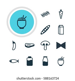 Vector Illustration Of 12 Dish Icons. Editable Pack Of Spaghetti, Farfalle, Fungus And Other Elements.