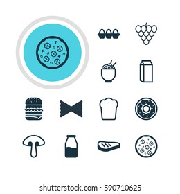 Vector Illustration Of 12 Dish Icons. Editable Pack Of Fungus, Farfalle, Milk And Other Elements.