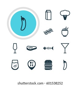 Vector Illustration Of 12 Dish Icons. Editable Pack Of Spaghetti, Restaurant, Martini And Other Elements.