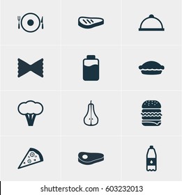 Vector Illustration Of 12 Dish Icons. Editable Pack Of Flan, Drink Bottle, Pizzeria And Other Elements.