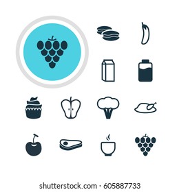 Vector Illustration Of 12 Dish Icons. Editable Pack Of Aubergine, Berry Type, Dessert And Other Elements.