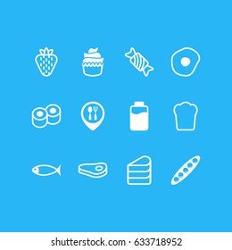 Vector Illustration Of 12 Dish Icons. Editable Pack Of Japanese Roll, Sweet Berry, Sirloin And Other Elements.
